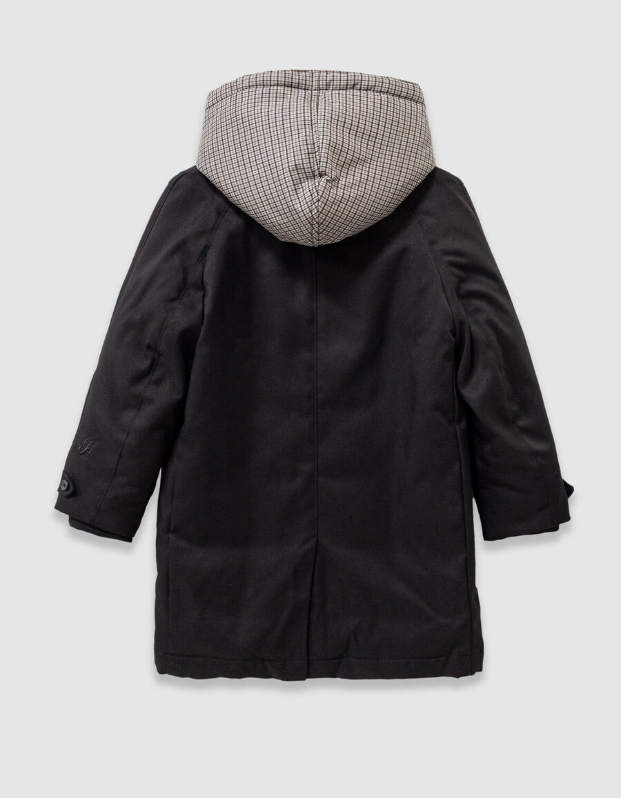 trench nero da bambino con cappuccio a quadri
