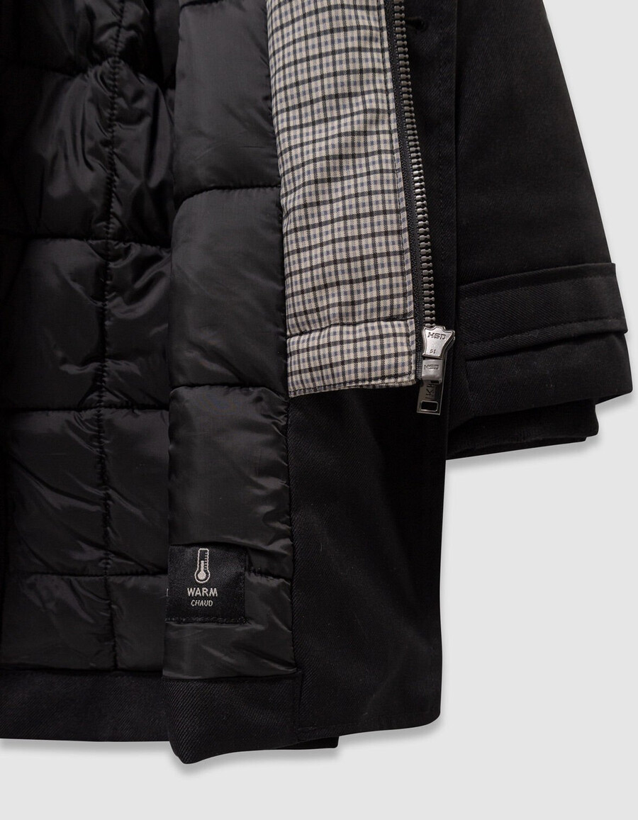 trench nero da bambino con cappuccio a quadri