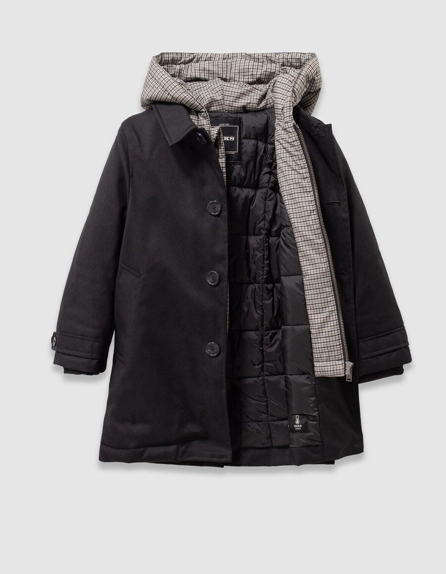 trench nero da bambino con cappuccio a quadri