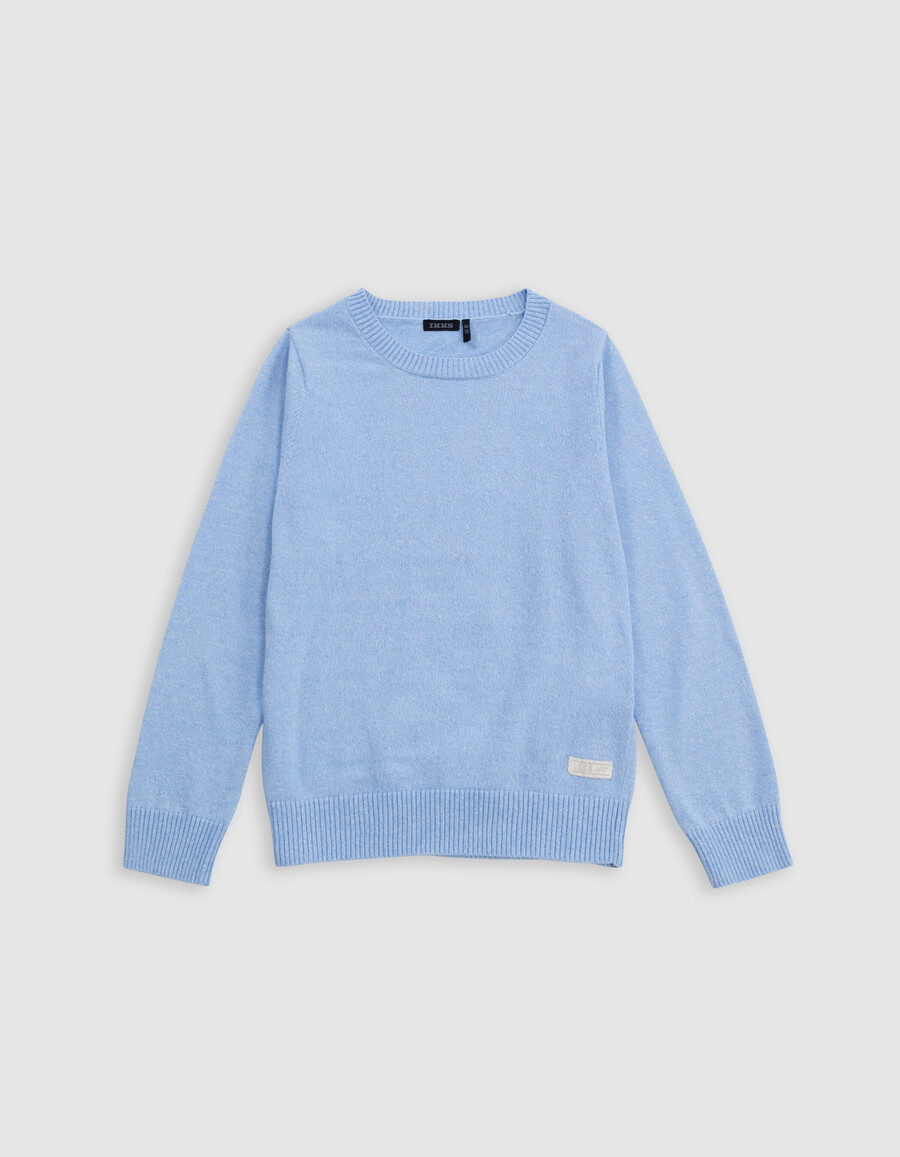 maglione lavorato a maglia blu con messaggio jacquard sul retro per bambino