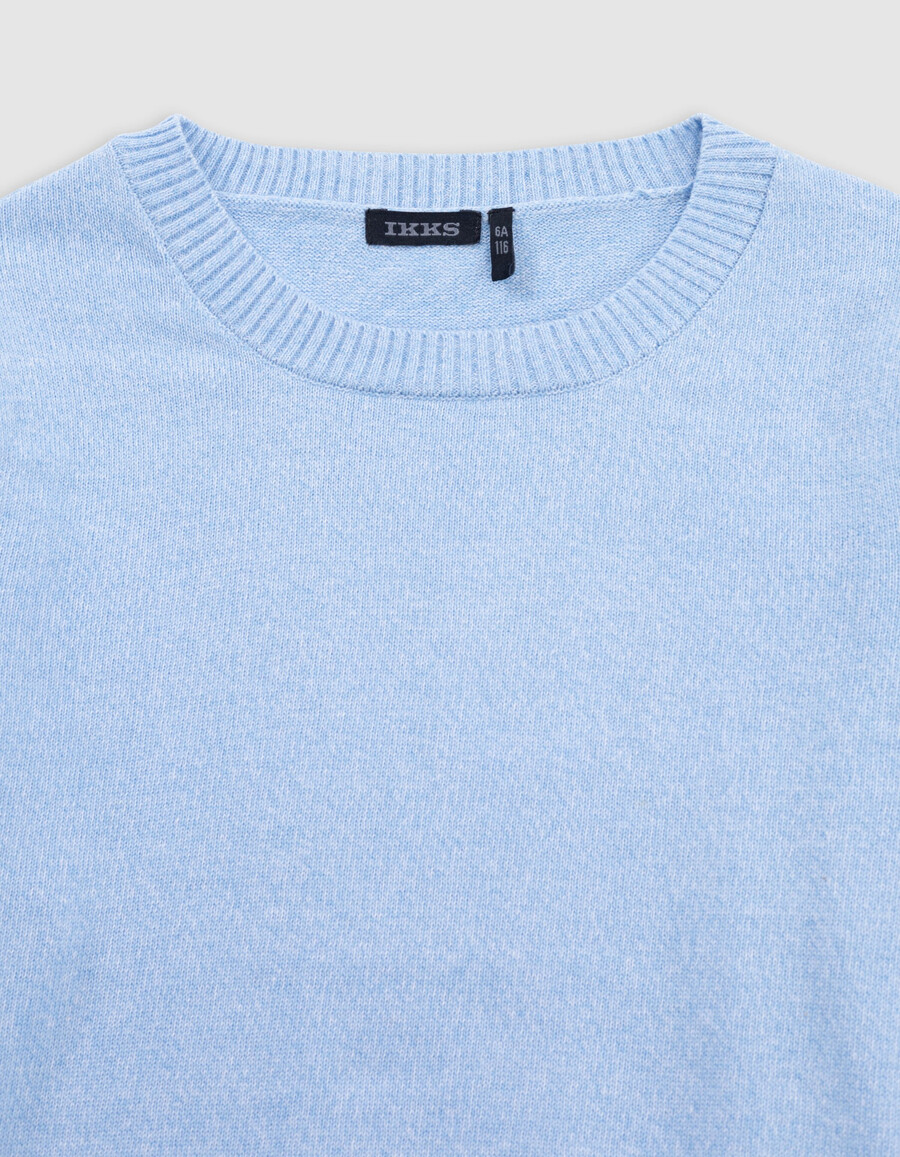 maglione lavorato a maglia blu con messaggio jacquard sul retro per bambino
