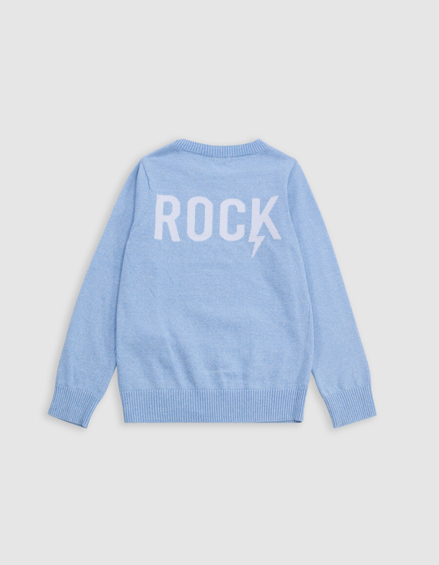 maglione lavorato a maglia blu con messaggio jacquard sul retro per bambino
