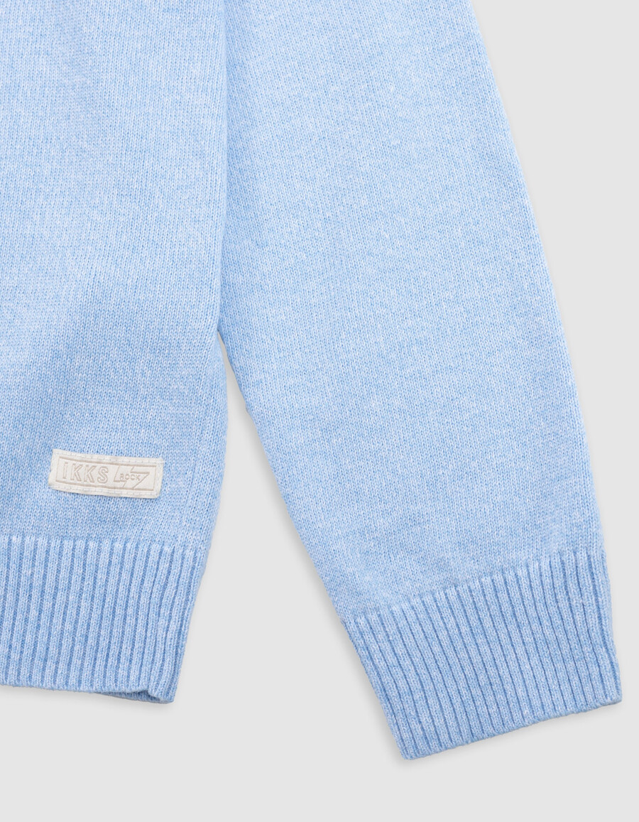 maglione lavorato a maglia blu con messaggio jacquard sul retro per bambino