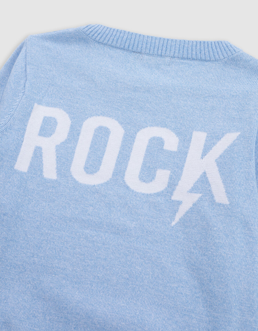 maglione lavorato a maglia blu con messaggio jacquard sul retro per bambino