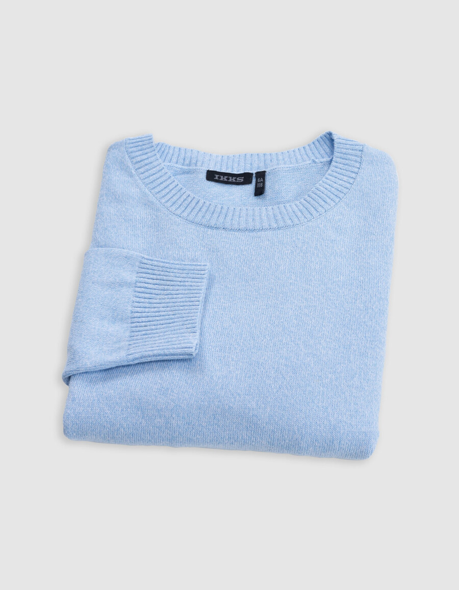 maglione lavorato a maglia blu con messaggio jacquard sul retro per bambino
