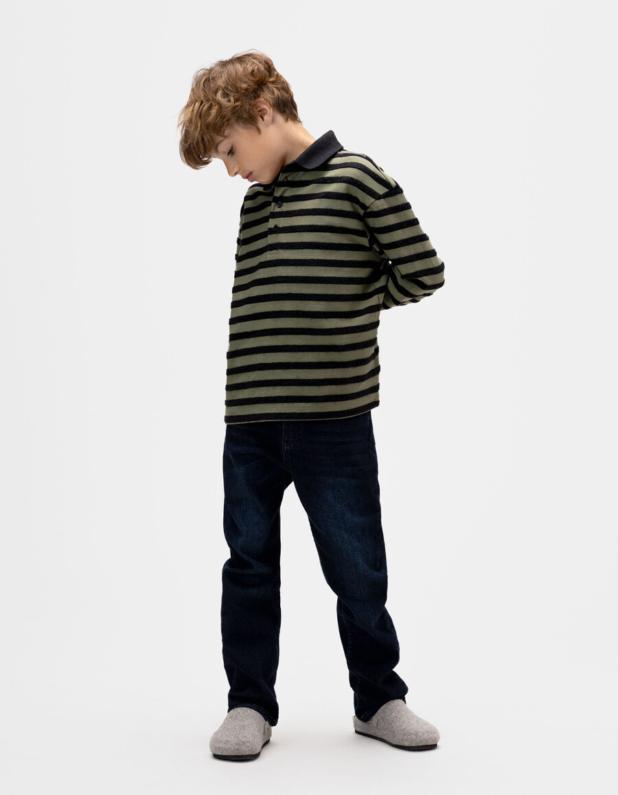 polo a maniche lunghe color cachi per bambini righe in velluto nero