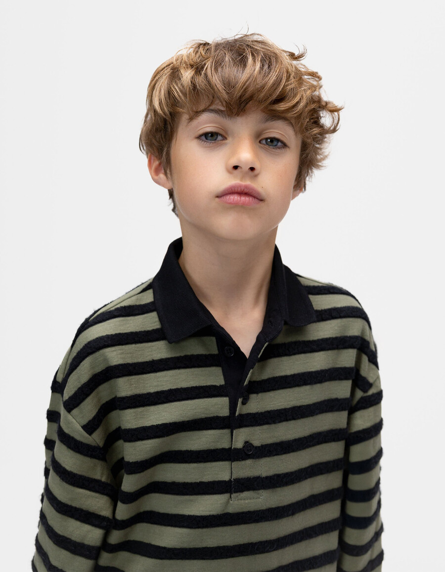 polo a maniche lunghe color cachi per bambini righe in velluto nero