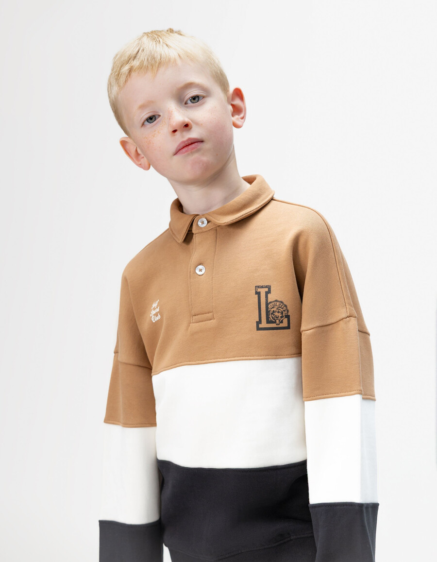 felpa polo in cotone biologico color cammelloécrublu navy per bambini