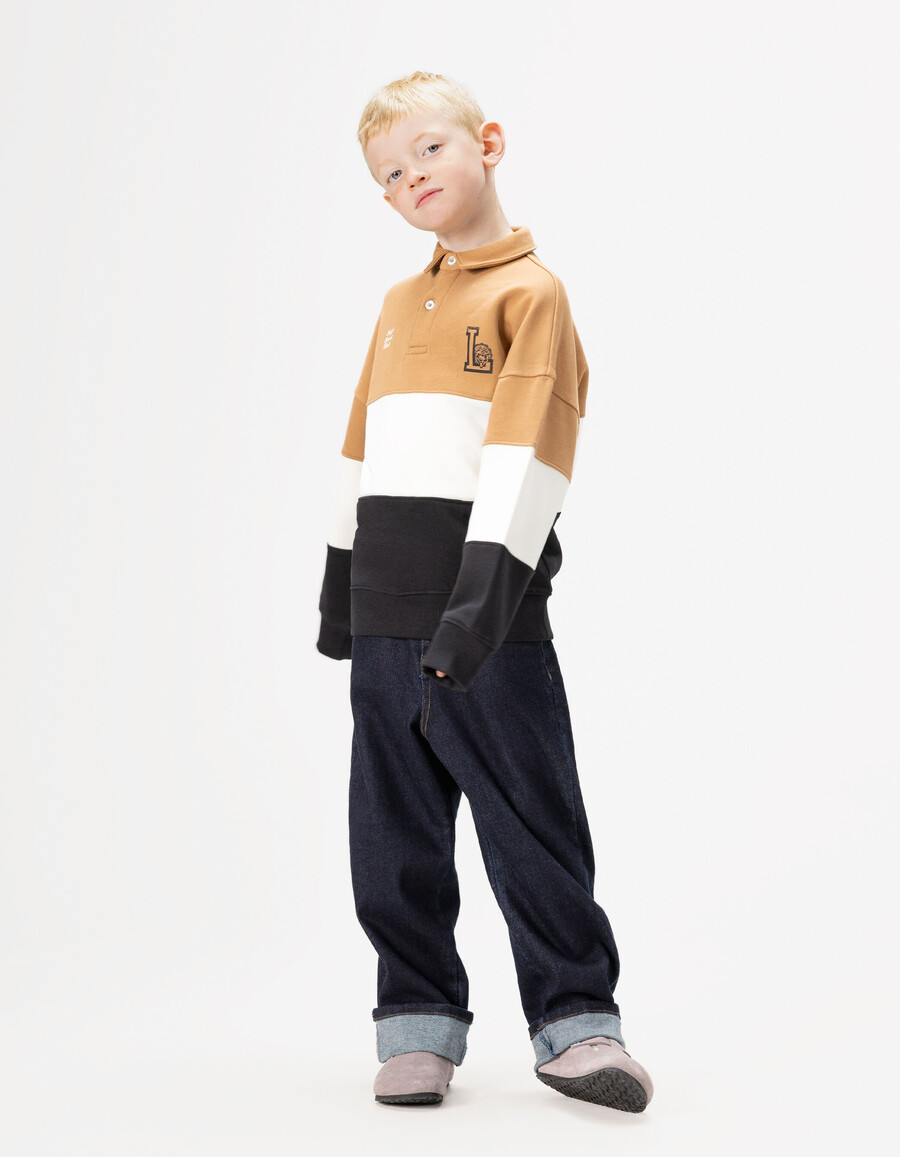 felpa polo in cotone biologico color cammelloécrublu navy per bambini