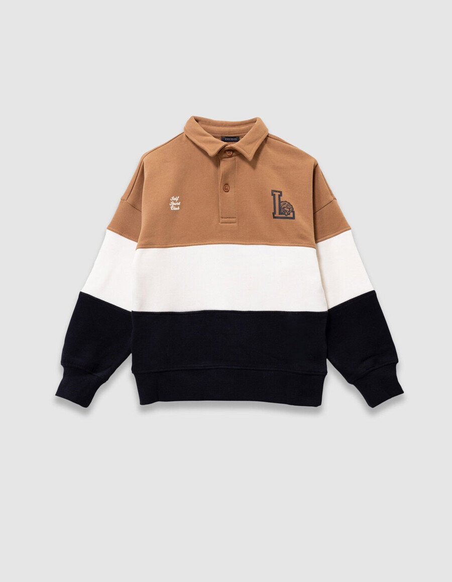 felpa polo in cotone biologico color cammelloécrublu navy per bambini
