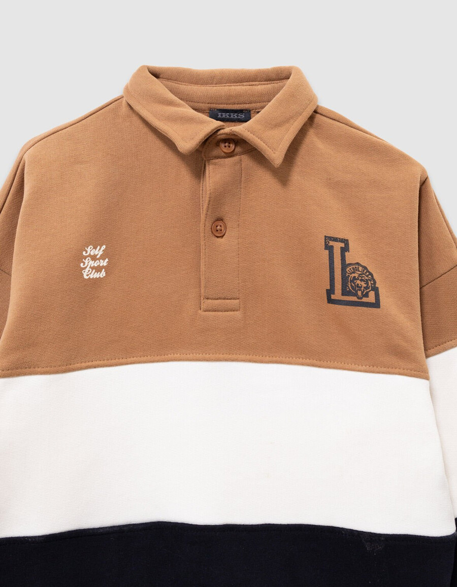 felpa polo in cotone biologico color cammelloécrublu navy per bambini