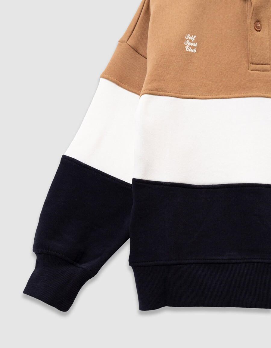 felpa polo in cotone biologico color cammelloécrublu navy per bambini