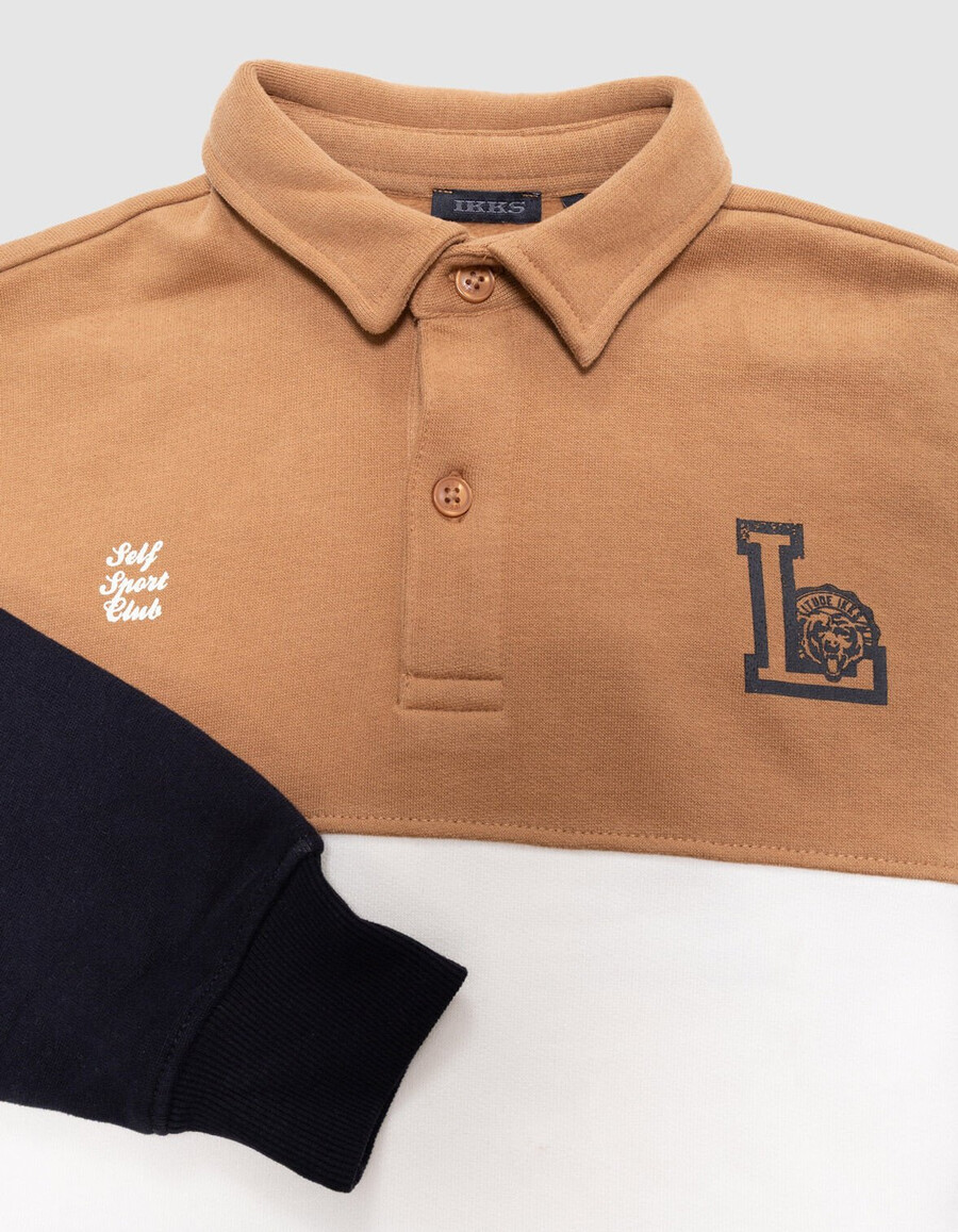 felpa polo in cotone biologico color cammelloécrublu navy per bambini