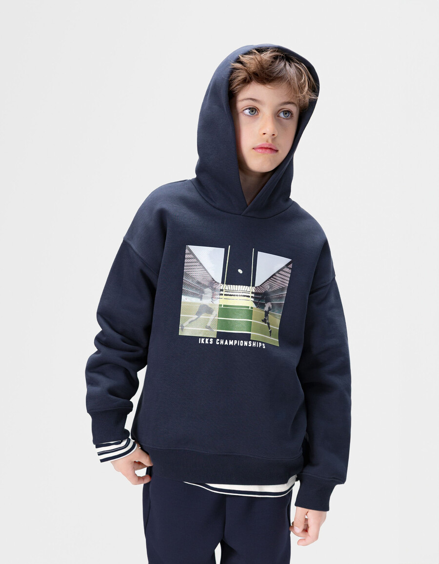 felpa con cappuccio blu navy da bambino con immagine lenticolare