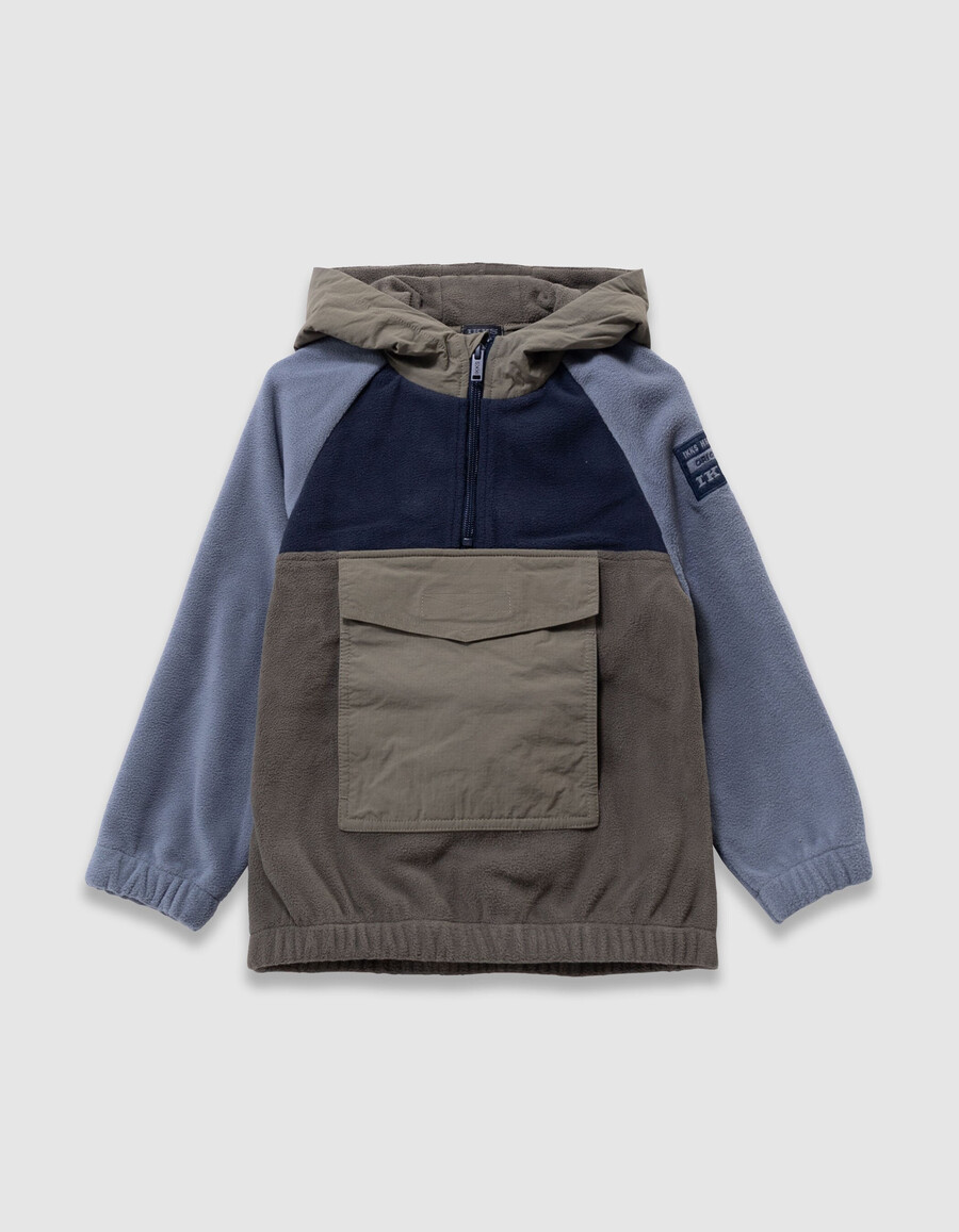felpa con cappuccio in pile blu e cachi per ragazzi