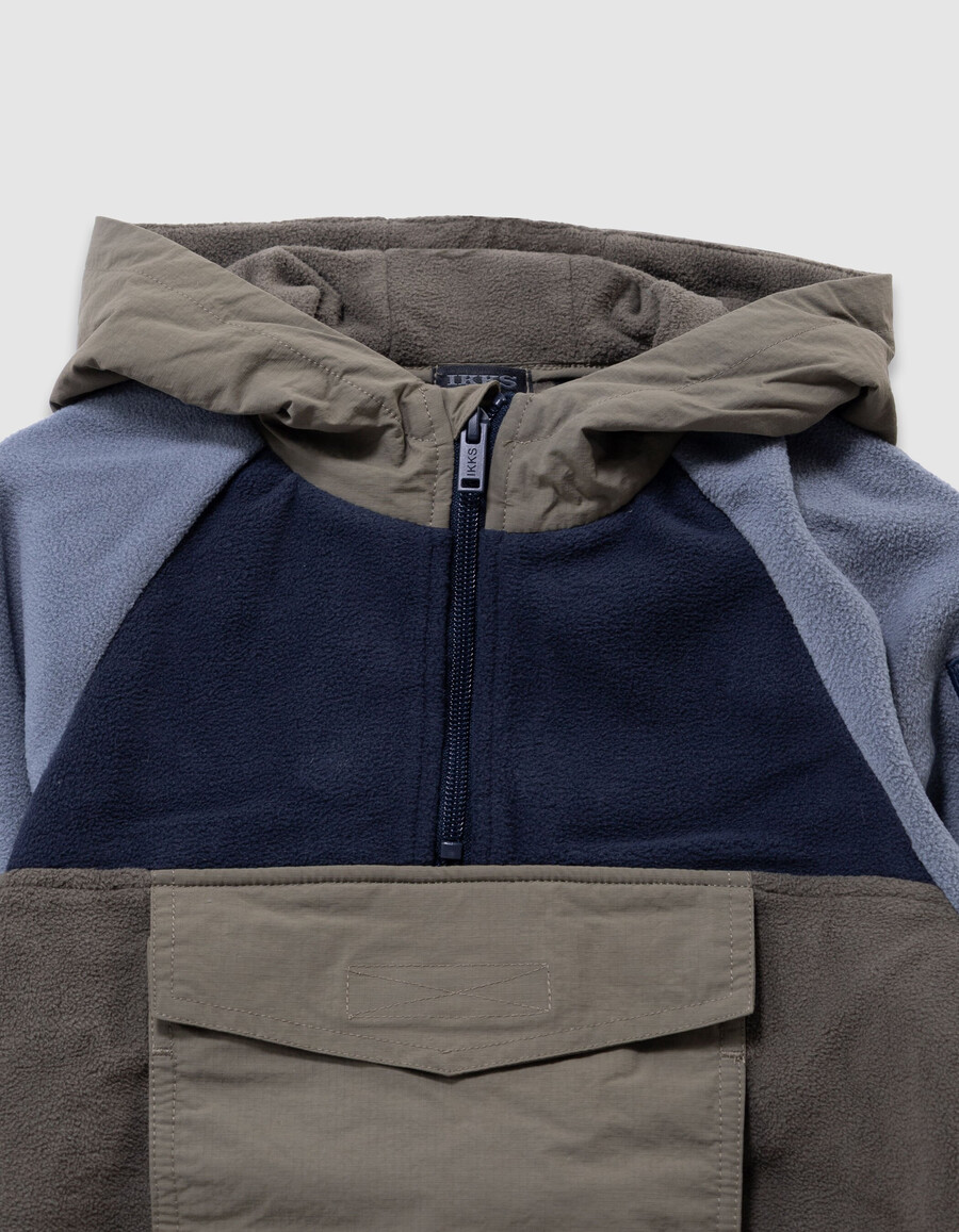 felpa con cappuccio in pile blu e cachi per ragazzi