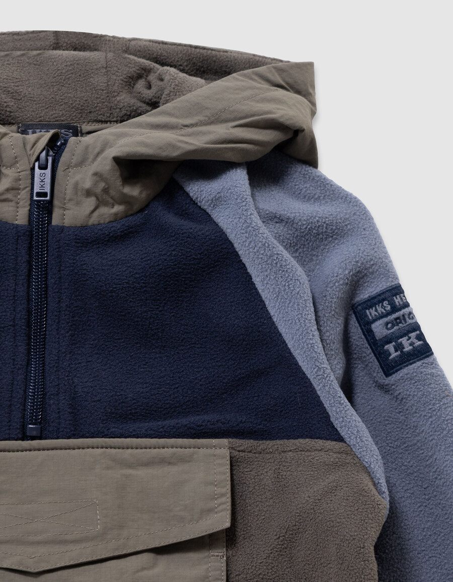 felpa con cappuccio in pile blu e cachi per ragazzi