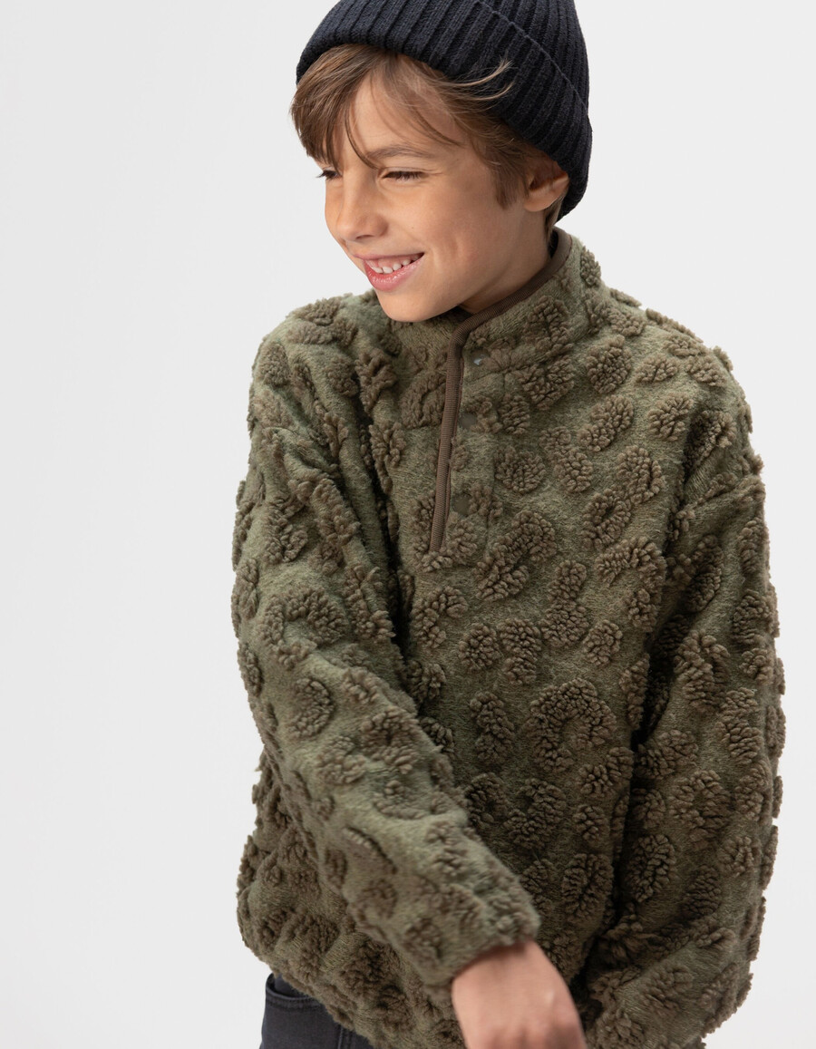 felpa con cappuccio e stampa leopardata in jacquard sherpa color cachi per bambini