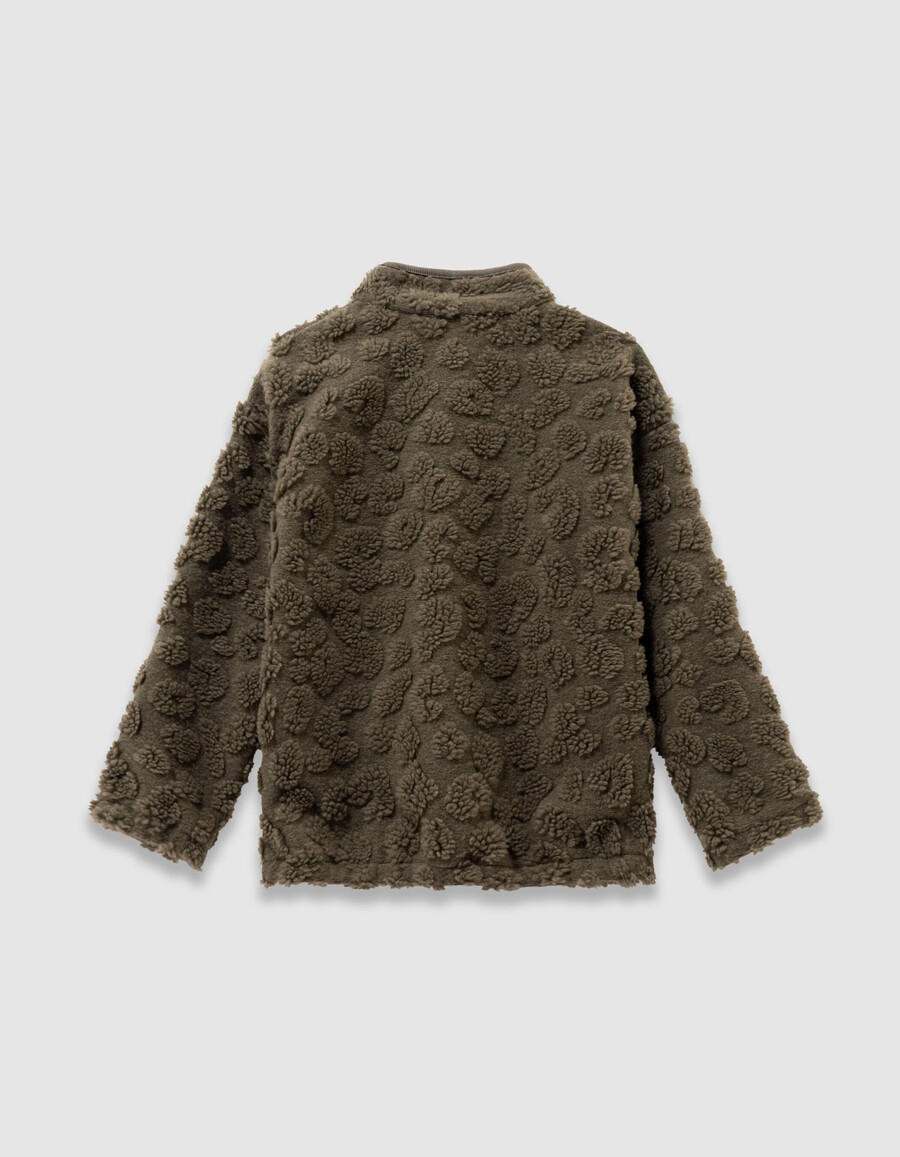felpa con cappuccio e stampa leopardata in jacquard sherpa color cachi per bambini