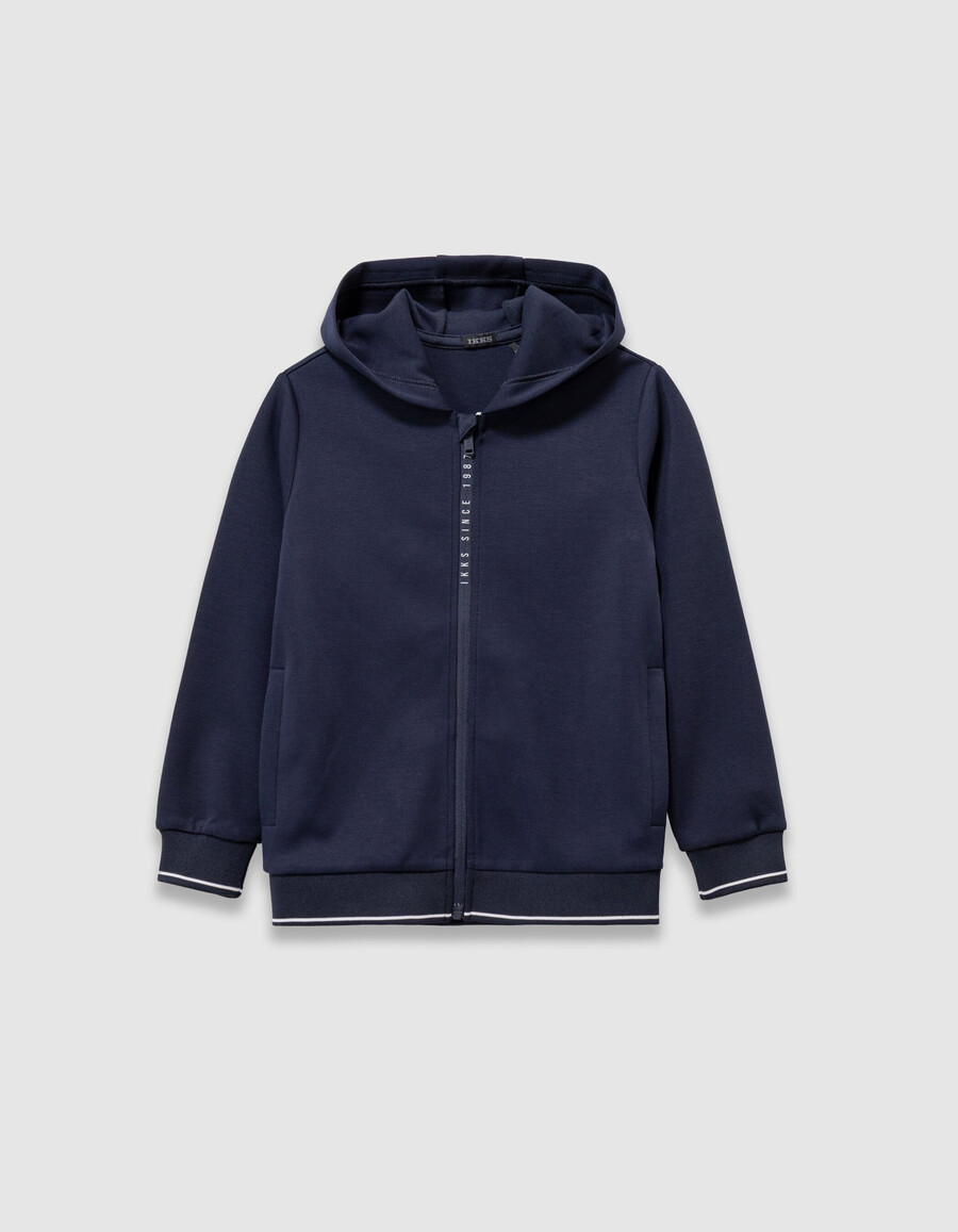 cardigan blu navy con cappuccio e cerniera per bambini con scritta sulla cerniera