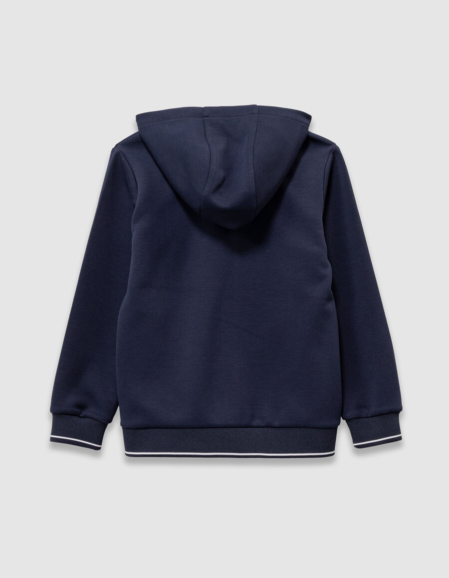 cardigan blu navy con cappuccio e cerniera per bambini con scritta sulla cerniera