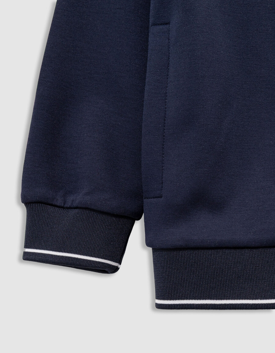 cardigan blu navy con cappuccio e cerniera per bambini con scritta sulla cerniera