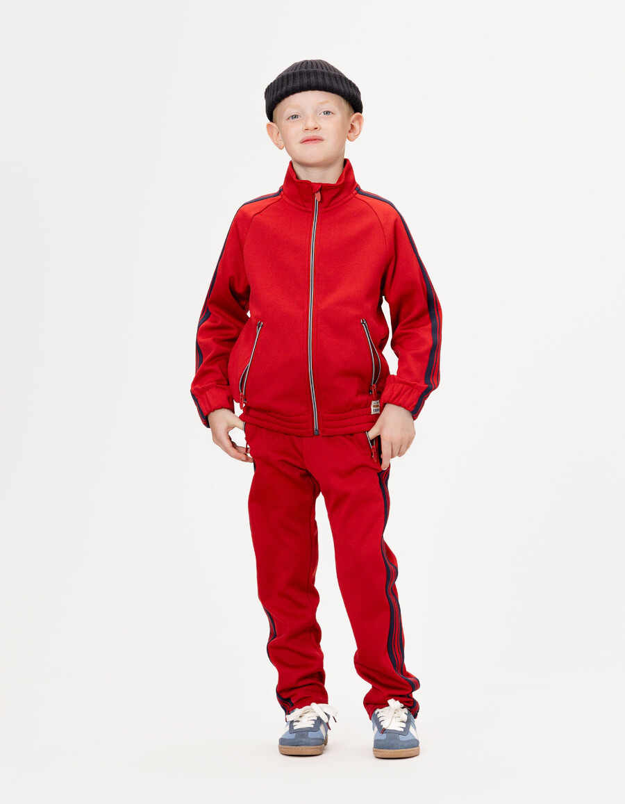 cardigan rosso con cerniera e righe blu navy per bambini