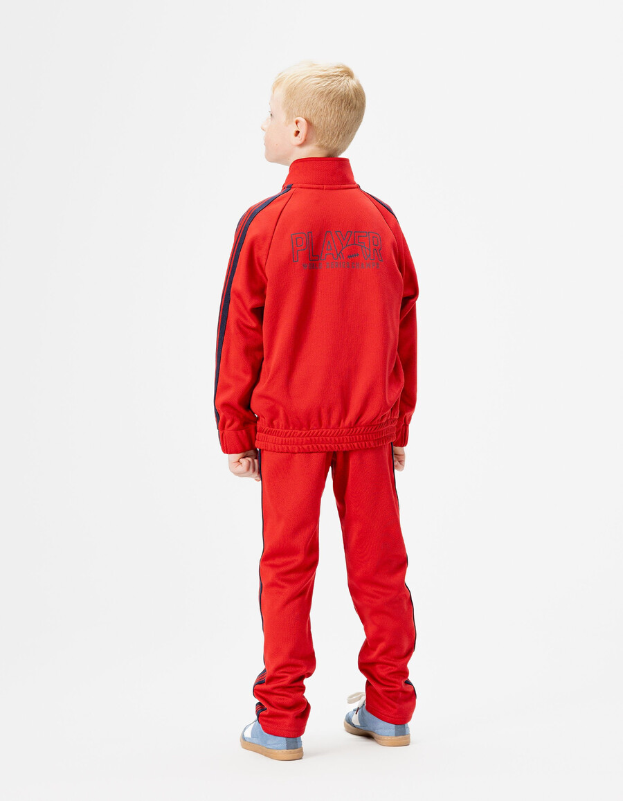 cardigan rosso con cerniera e righe blu navy per bambini