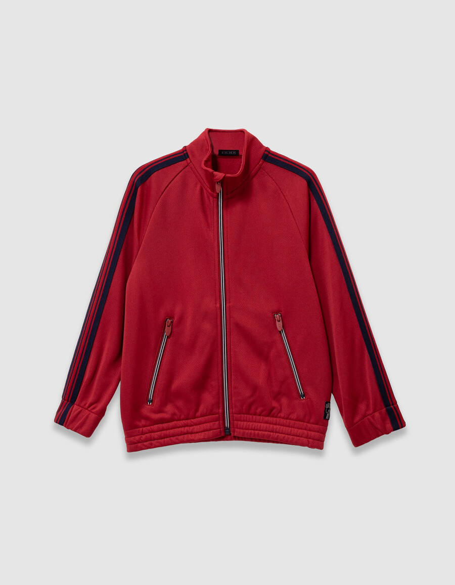cardigan rosso con cerniera e righe blu navy per bambini
