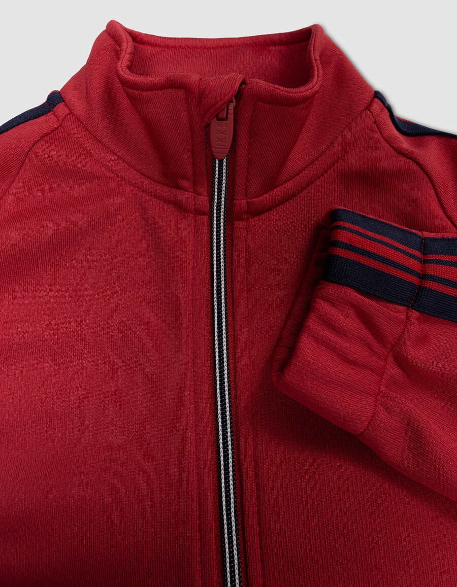 cardigan rosso con cerniera e righe blu navy per bambini