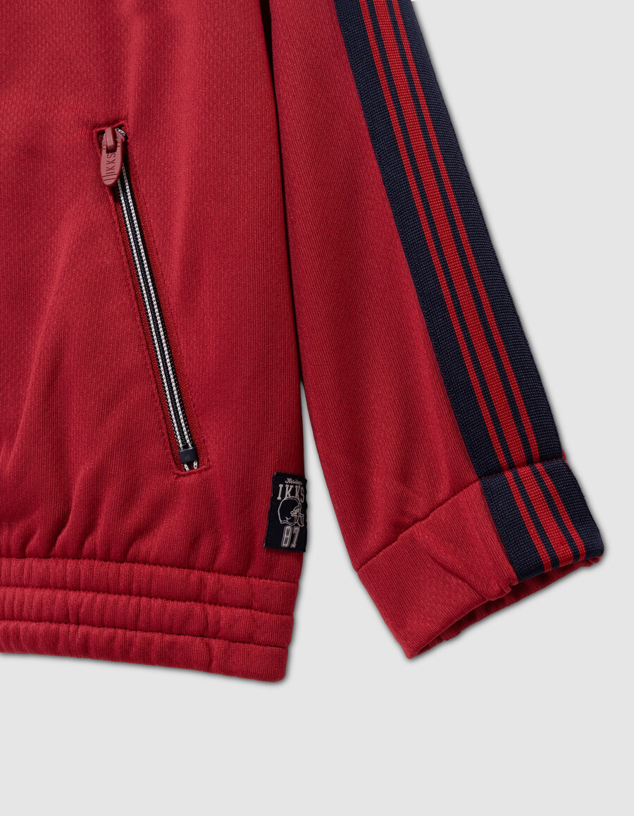 cardigan rosso con cerniera e righe blu navy per bambini