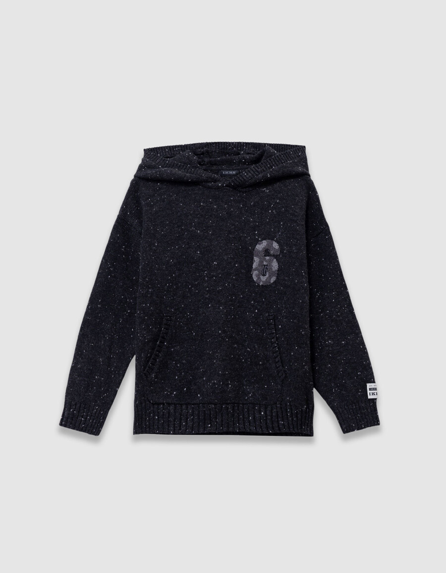felpa con cappuccio in maglia nera mélange da bambino con stemma numerico