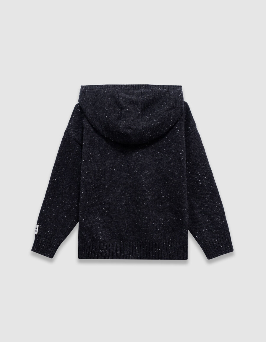 felpa con cappuccio in maglia nera mélange da bambino con stemma numerico