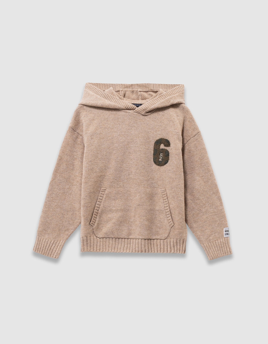 felpa con cappuccio in maglia beige mélange da bambino con stemma numerico