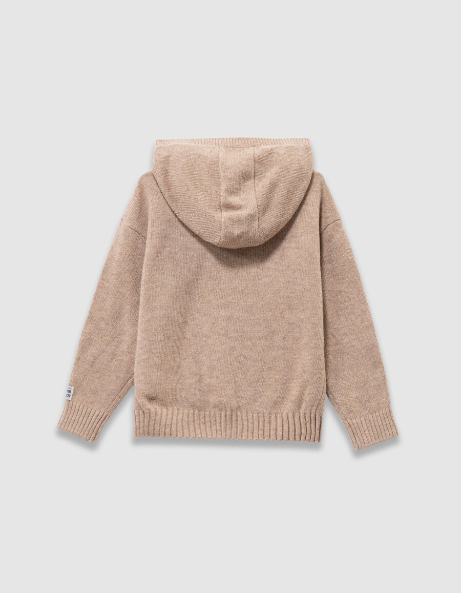felpa con cappuccio in maglia beige mélange da bambino con stemma numerico
