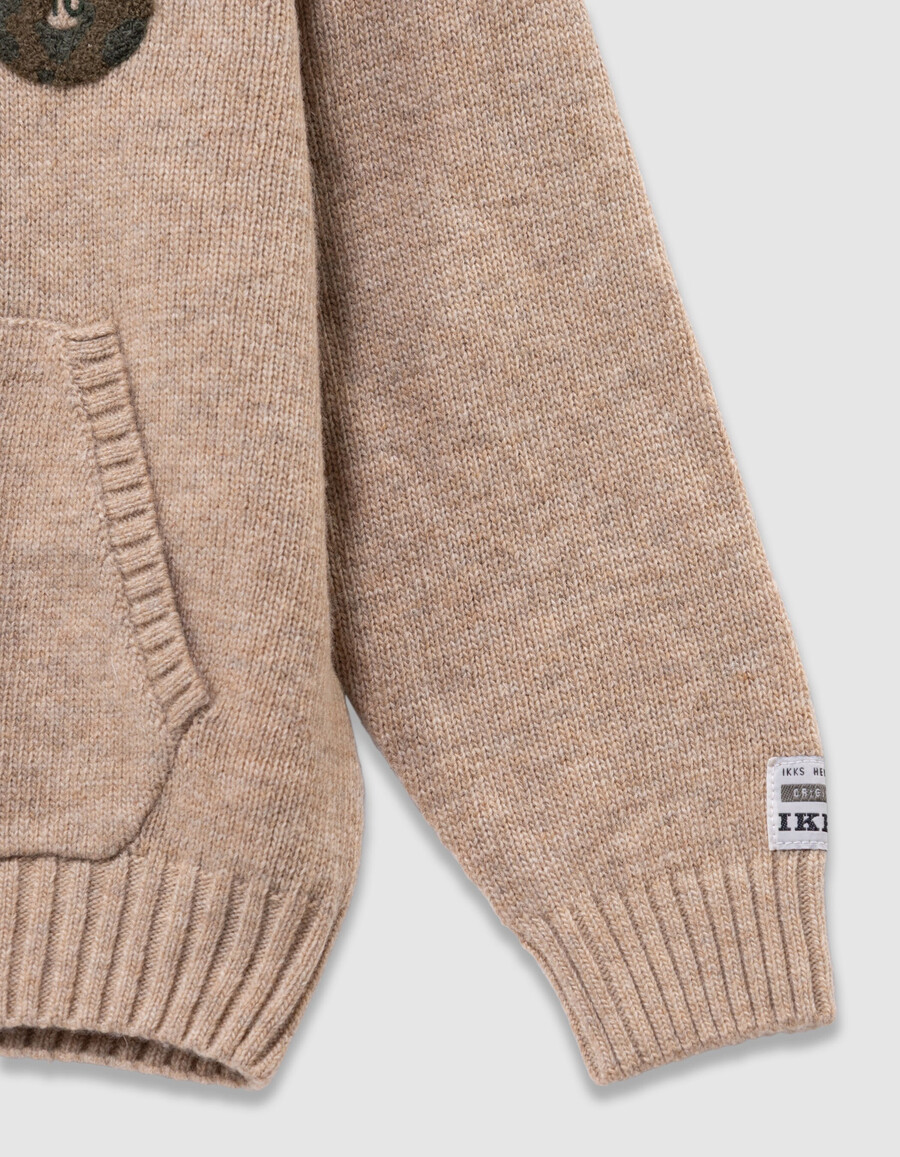 felpa con cappuccio in maglia beige mélange da bambino con stemma numerico