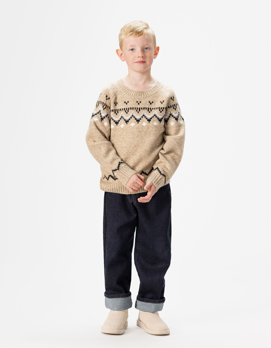 maglione invernale in maglia jacquard beige per bambini