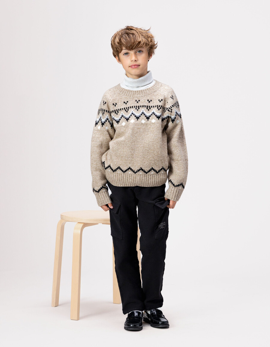 maglione invernale in maglia jacquard beige per bambini