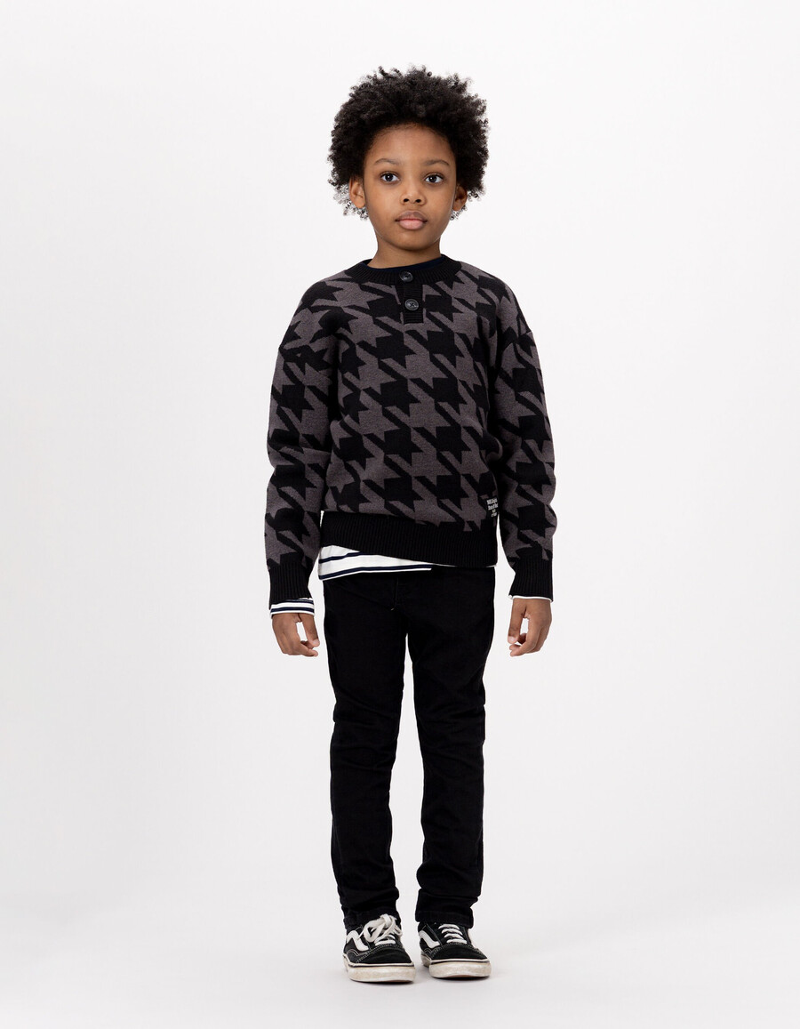 maglione con bottoni sul collo in maglia pied de poule grigio per bambini
