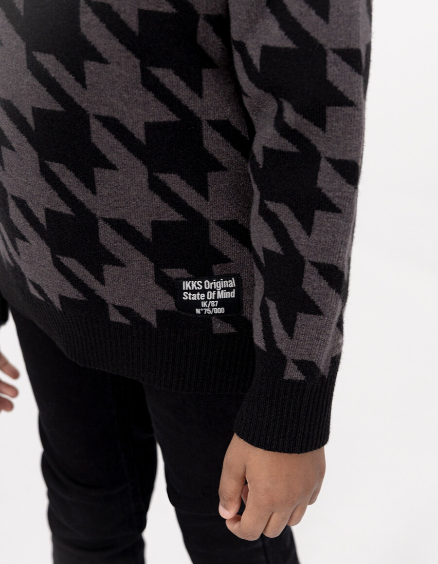 maglione con bottoni sul collo in maglia pied de poule grigio per bambini