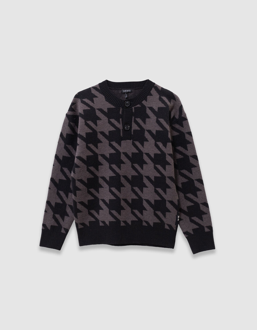 maglione con bottoni sul collo in maglia pied de poule grigio per bambini