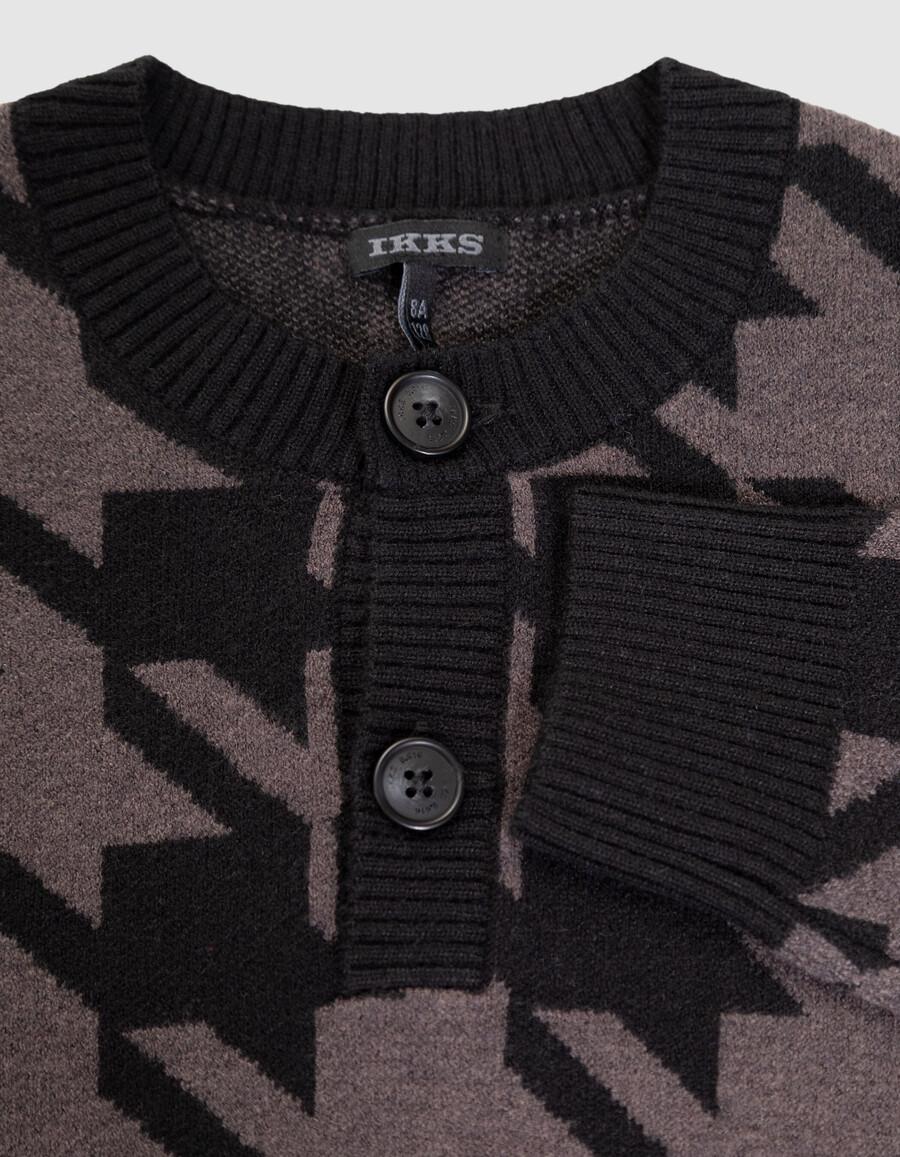 maglione con bottoni sul collo in maglia pied de poule grigio per bambini