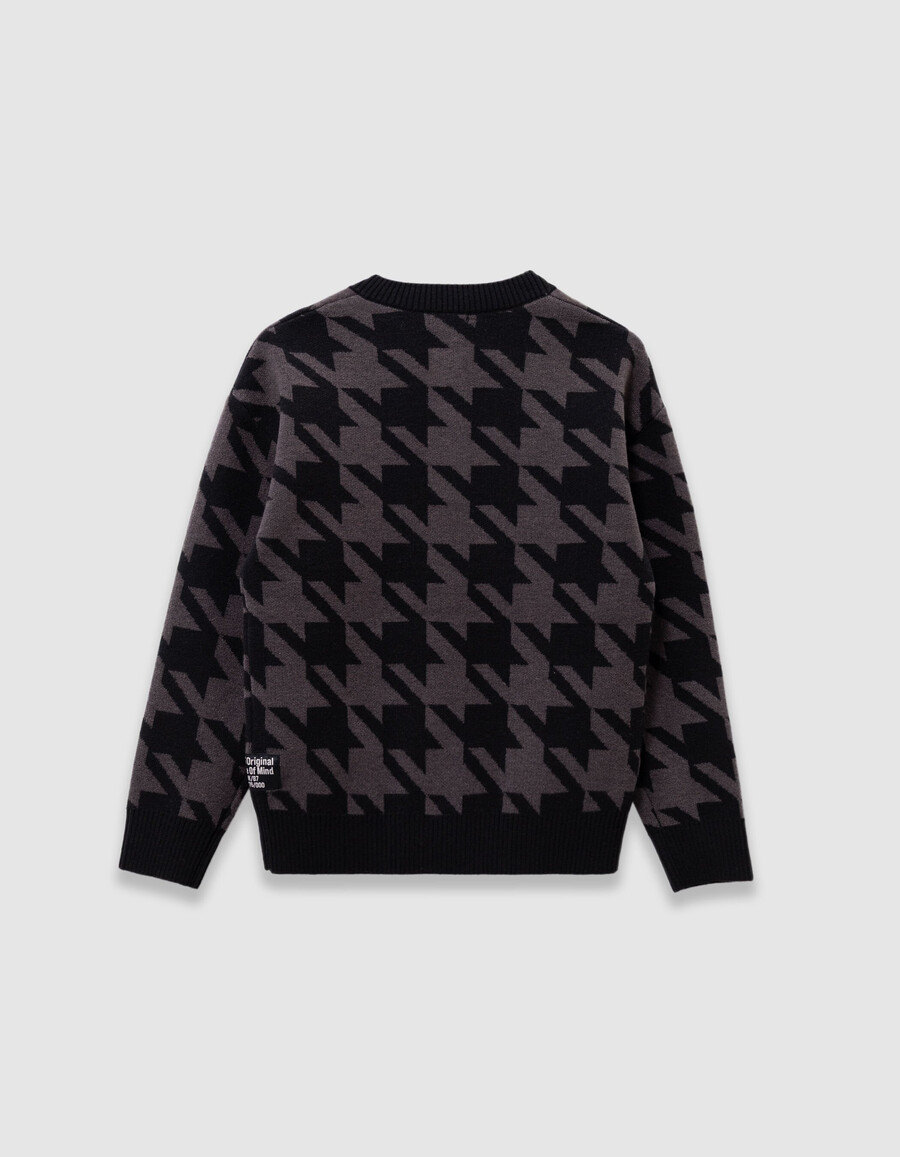 maglione con bottoni sul collo in maglia pied de poule grigio per bambini