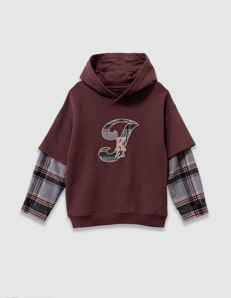 felpa con cappuccio marrone trompe-loeil per ragazzo
