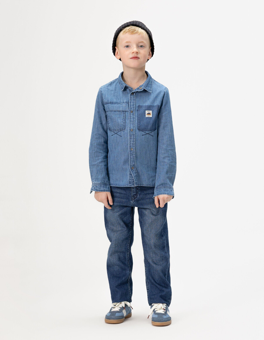 camicia in denim blu da bambino con cappuccio staccabile