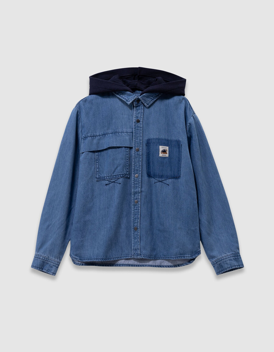 camicia in denim blu da bambino con cappuccio staccabile