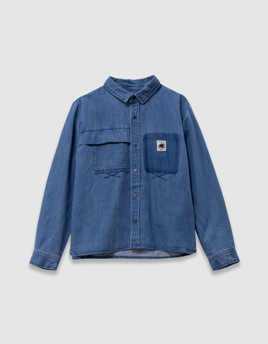 camicia in denim blu da bambino con cappuccio staccabile
