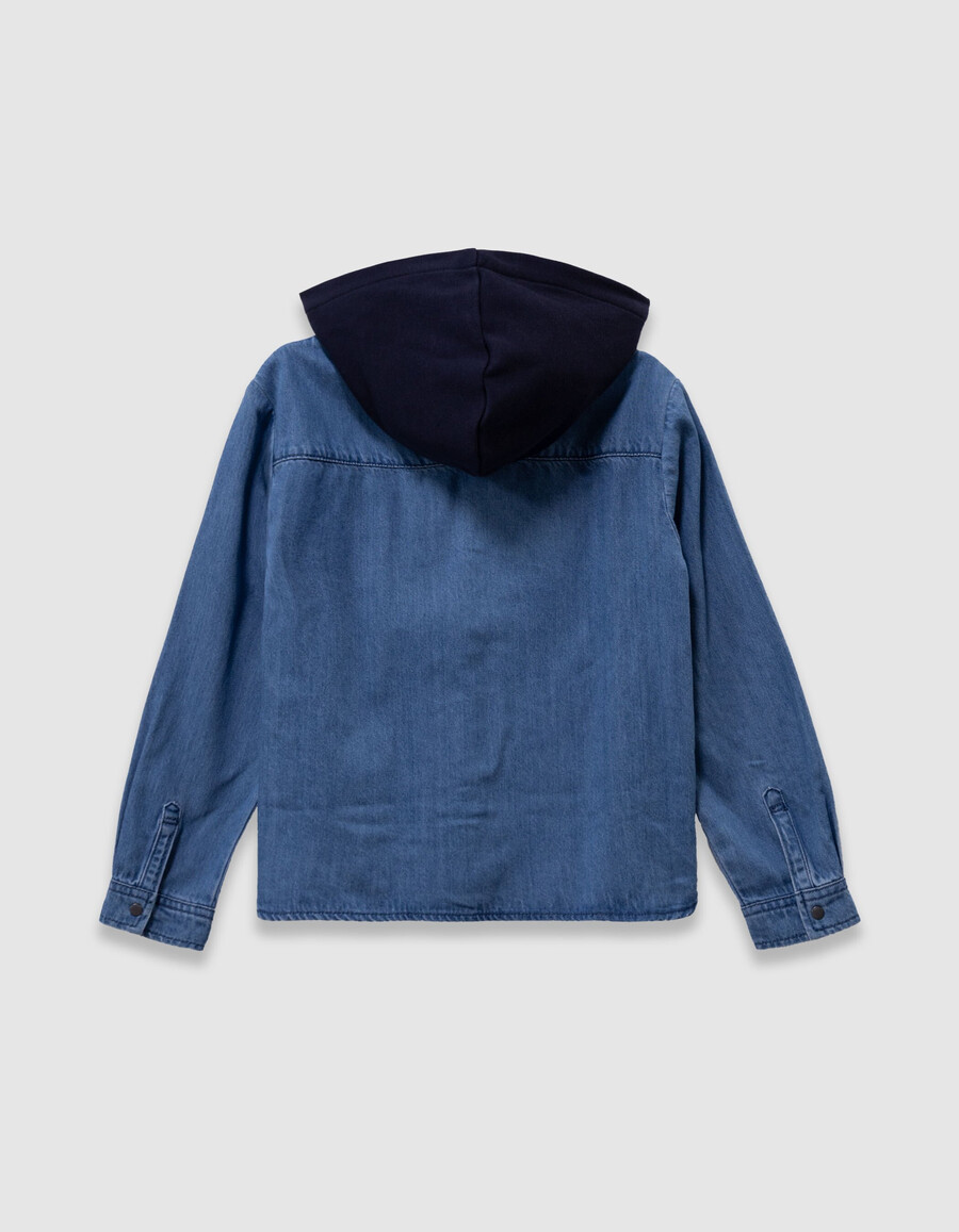 camicia in denim blu da bambino con cappuccio staccabile