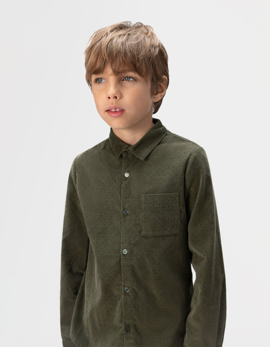 camicia a maniche lunghe in velluto color cachi con pois per bambini