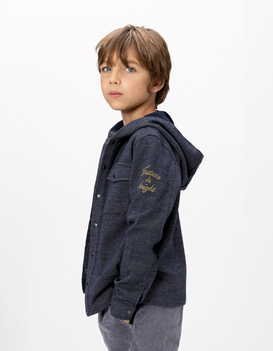 maglietta con cappuccio in maglia decorativa blu navy per ragazzi